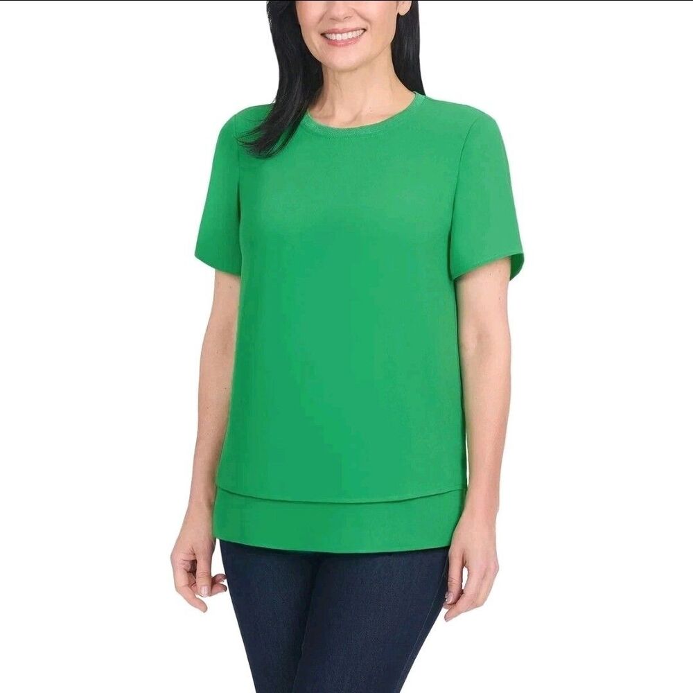 Hilary Radley Women's Short Sleeve Double Layer Blouse, Green, Size M , NWT E2